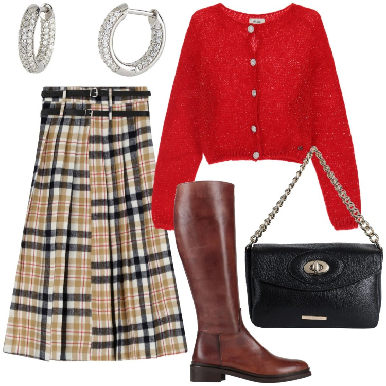 Outfit donna - La gonna tartan. Stile Urban per Tutti i giorni. Abbinamento con stivali, borse a mano, orecchini, gonne lunghe, cardigans.