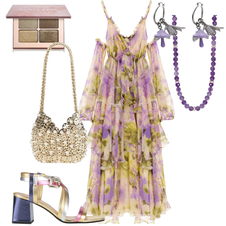 Outfit donna - Boho chic. Stile Boho per Cerimonia. Abbinamento con orecchini, borse a mano, sandali in pelle, ombretti, collane, vestiti.