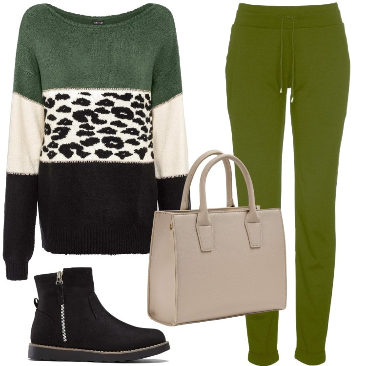 Outfit donna - In ufficio. Stile Urban per Ufficio. Abbinamento con stivaletti, maglieria, pantaloni, shopping bag.