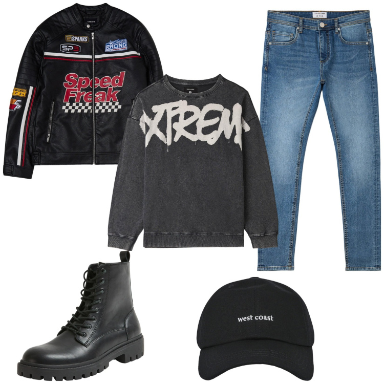 Outfit uomo - Giacca da motociclista. Stile Biker Rock per Tutti i giorni. Abbinamento con cappelli con visiera, felpe, anfibi, giacche, jeans skinny.