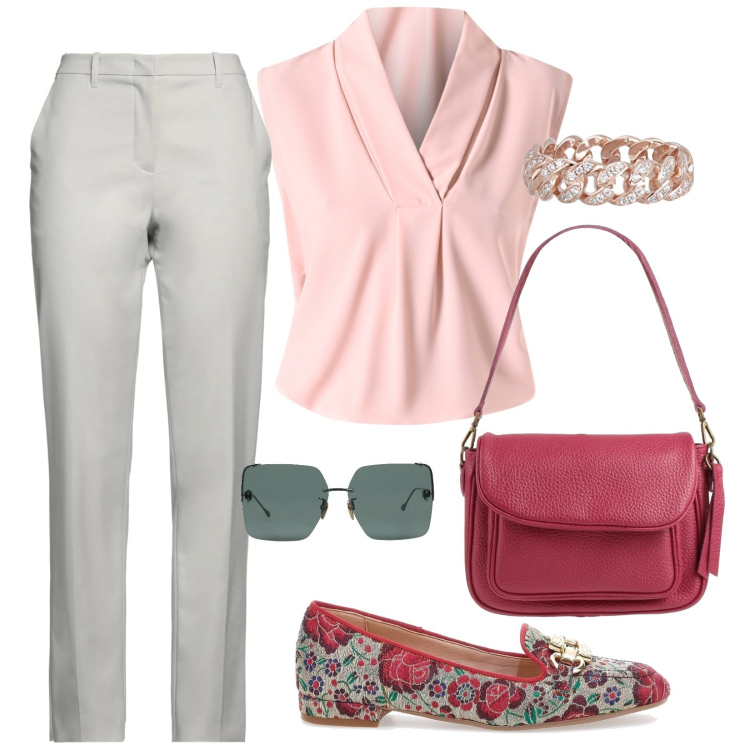 Outfit donna - Total look #2070014. per Ufficio. Abbinamento con pantaloni, borse a spalla, occhiali da sole, anelli, bluse, mocassini.