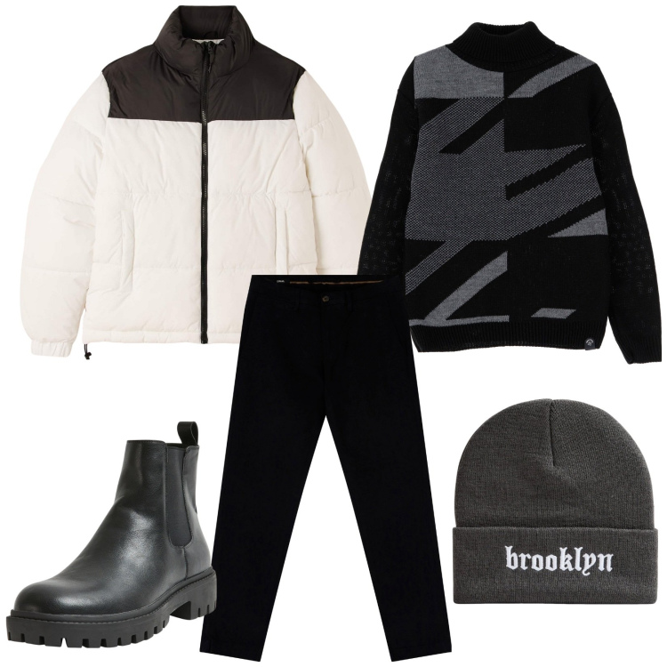 Outfit uomo - Lo stile après-ski. Stile Casual per Tutti i giorni. Abbinamento con stivali e stivaletti, piumini, berretti, maglieria, pantaloni chino.