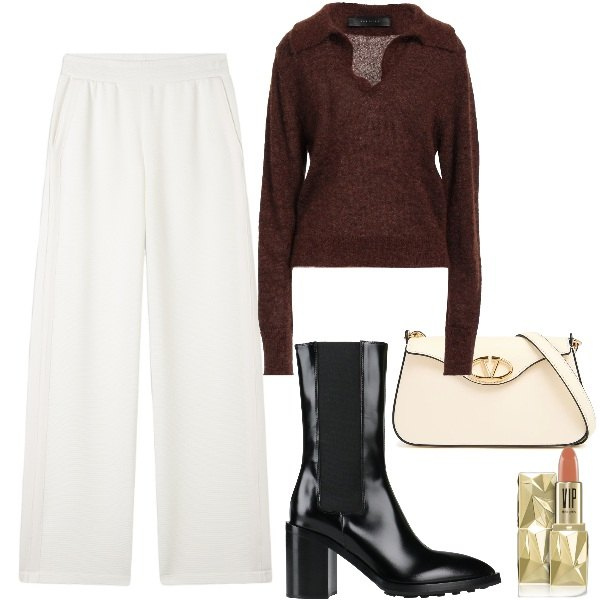 Outfit donna - pantaloni bianchi a marzo. Stile Minimal per Tutti i giorni. Abbinamento con pullovers, stivaletti chelsea, rossetti, pantaloni, borse a spalla.