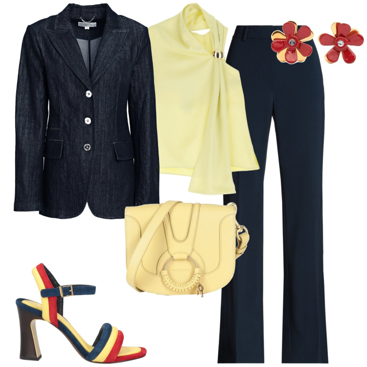 Outfit donna - City. Stile Urban per Tutti i giorni. Abbinamento con sandali in pelle, blazer, pantaloni, borse a tracolla, top, orecchini.