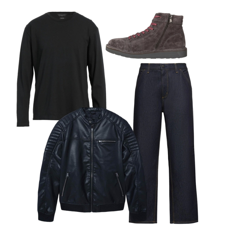 Outfit uomo - La giacca da motociclista. Stile Urban per Tutti i giorni. Abbinamento con stivali e stivaletti, t-shirt, giacche, jeans.