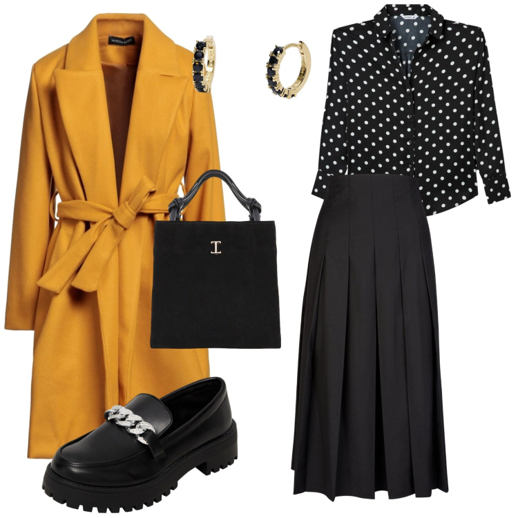 Outfit donna - Commissioni. per Tutti i giorni. Abbinamento con cappotti, camicie, mocassini, orecchini, shopping bag, gonne longuette.