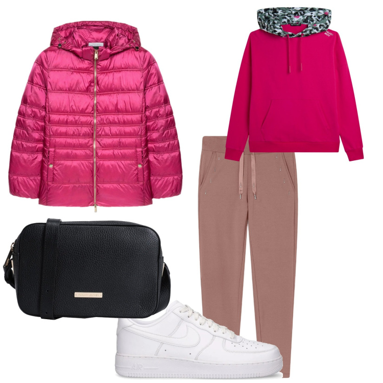 Outfit donna - Passeggiata in montagna. per Tutti i giorni. Abbinamento con borse a tracolla, felpe sportive, pantaloni sportivi, piumini, sneakers.