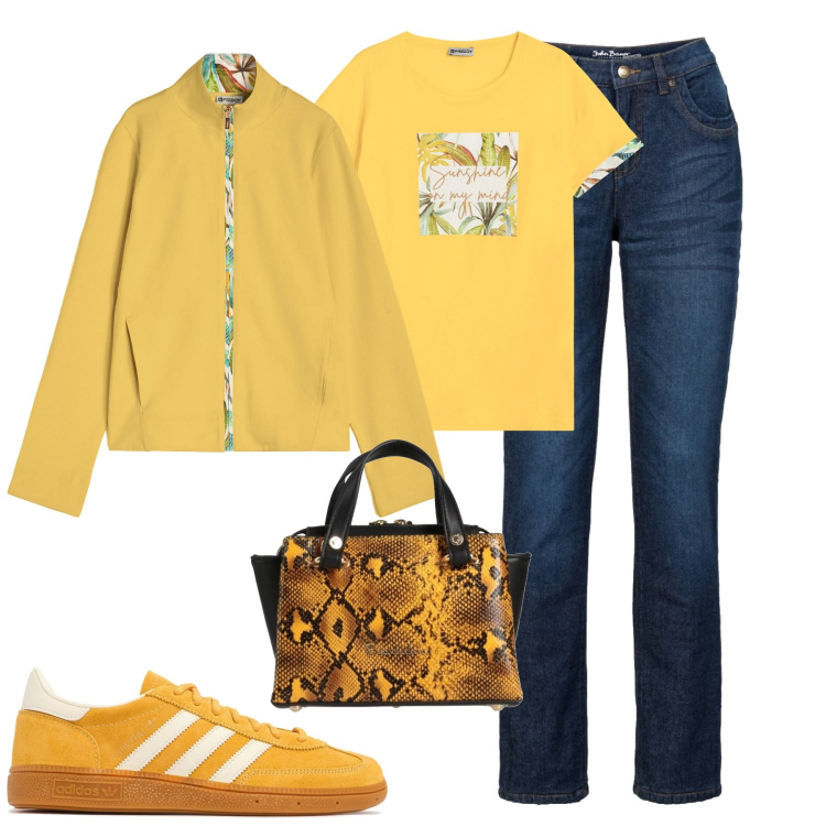 Outfit donna - Total look #2070067. Stile Casual per Tutti i giorni. Abbinamento con jeans dritti, borse a mano, felpe, t-shirt, sneakers.