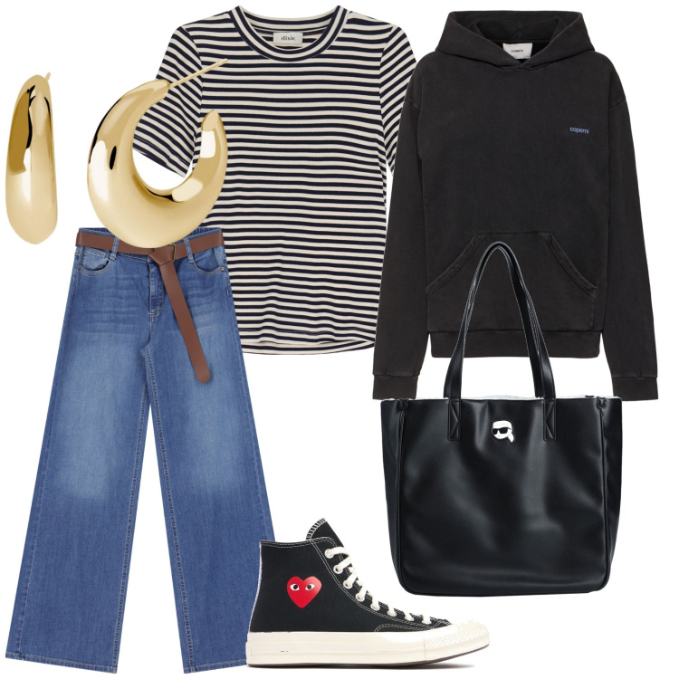 Outfit donna - Jeans e righe. per Tutti i giorni. Abbinamento con borse a mano, orecchini, jeans, t-shirt, sneakers, felpe con cappuccio.