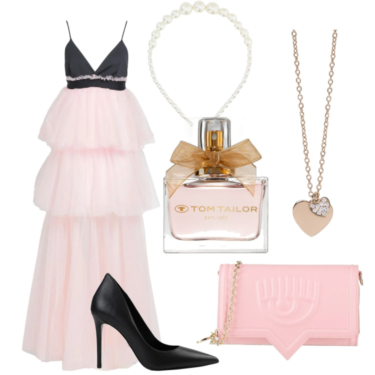 Outfit donna - Pink lover. Stile Glamour per Cerimonia. Abbinamento con vestiti lunghi, décolleté, borse a tracolla, profumi, ciondoli, cerchietti.