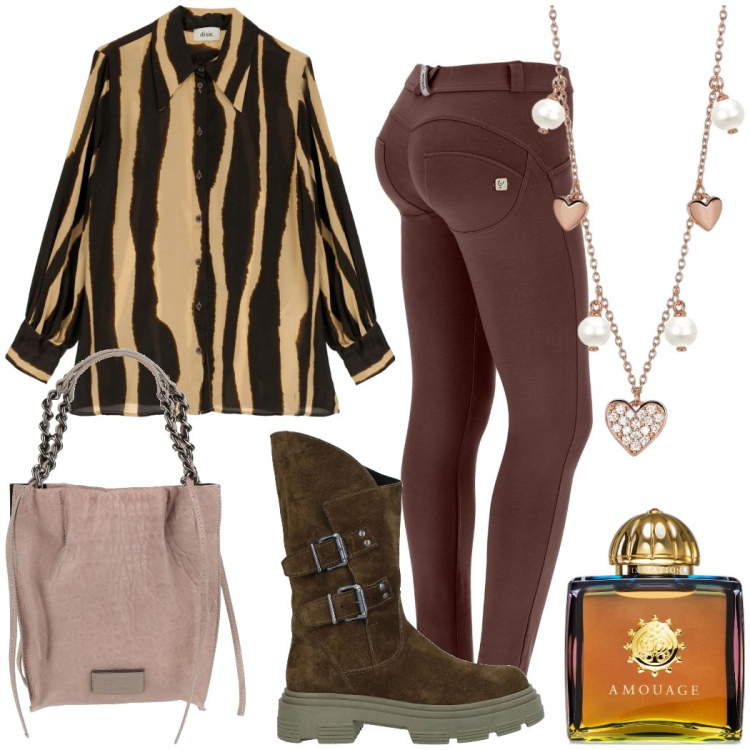 Outfit donna - Toni marroni. Stile Casual chic per Tutti i giorni. Abbinamento con borse a mano, stivali, profumi, collane, pantaloni skinny, camicie.