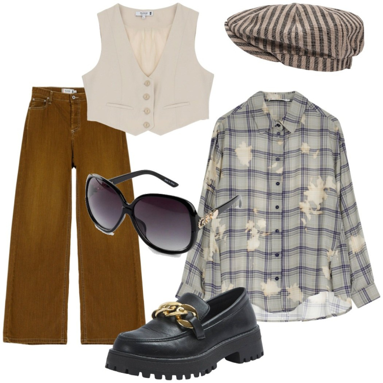 Outfit donna - Maschile ma non troppo. Stile Mannish per Tutti i giorni. Abbinamento con occhiali da sole, mocassini, gilet, pantaloni, camicie, cappelli.
