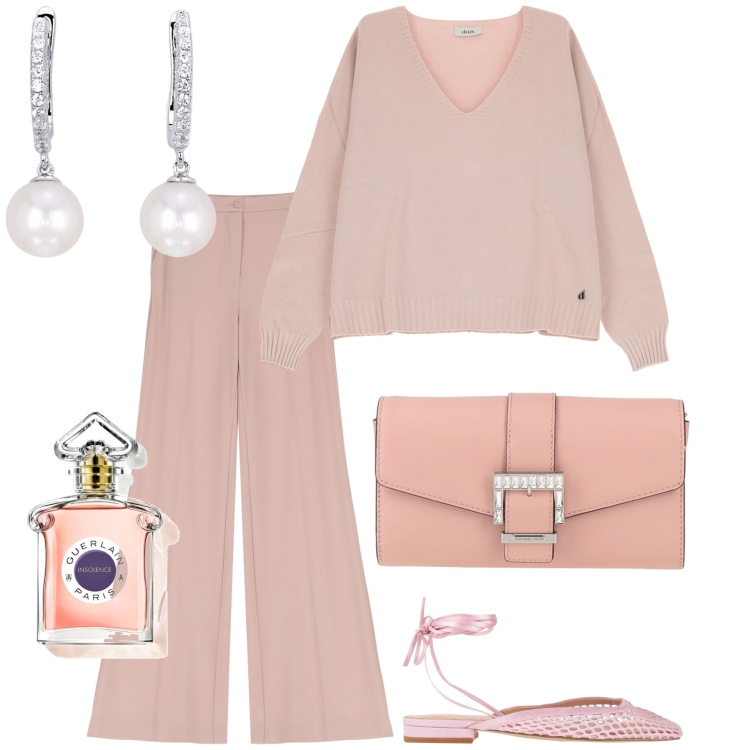 Outfit donna - Semplicemente di classe. Stile Bon Ton per Ufficio. Abbinamento con borse a mano, ballerine, profumi, orecchini, pantaloni, maglieria.