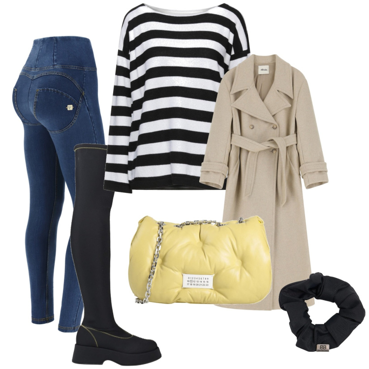 Outfit donna - Stivali ma non banali. Stile Casual chic per Ufficio. Abbinamento con stivali sopra il ginocchio, borse a tracolla, pullovers, jeans skinny, trench, accessori per capelli.