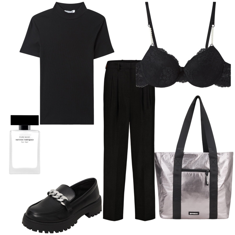 Outfit donna - Bra for her. Stile Mannish per Tutti i giorni. Abbinamento con profumi, mocassini, t-shirt, reggiseni a balconcino, shopping bag, pantaloni.