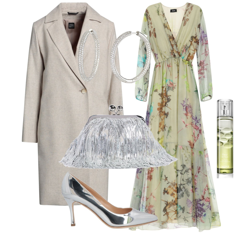 Outfit donna - Il trench dell invitata. Stile Glamour per Cerimonia. Abbinamento con cappotti, décolleté, profumi, orecchini, vestiti lunghi, pochette.