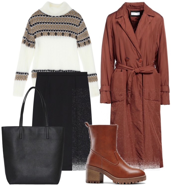Outfit donna - Commissioni sotto la pioggia. Stile Urban per Tutti i giorni. Abbinamento con stivaletti, cappotti, borse tote, maglieria, minigonne.
