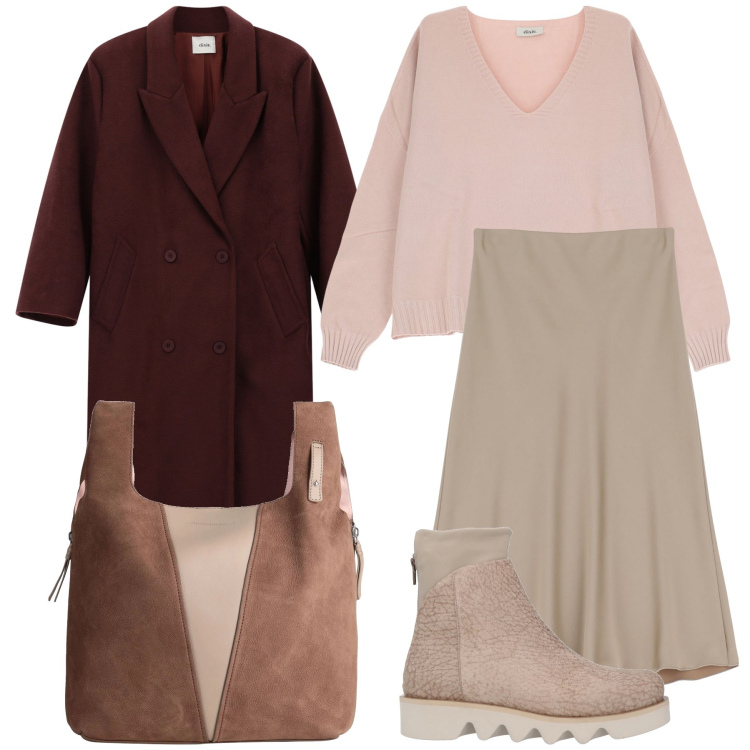 Outfit donna - Total look. Stile Urban per Tutti i giorni. Abbinamento con stivaletti, borse a mano, gonne, cappotti, maglieria.