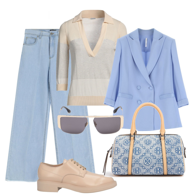 Outfit donna - Il mini bauletto glam in denim. Stile Casual chic per Tutti i giorni. Abbinamento con pullovers, scarpe stringate, blazer, jeans, borse a mano, occhiali da sole.
