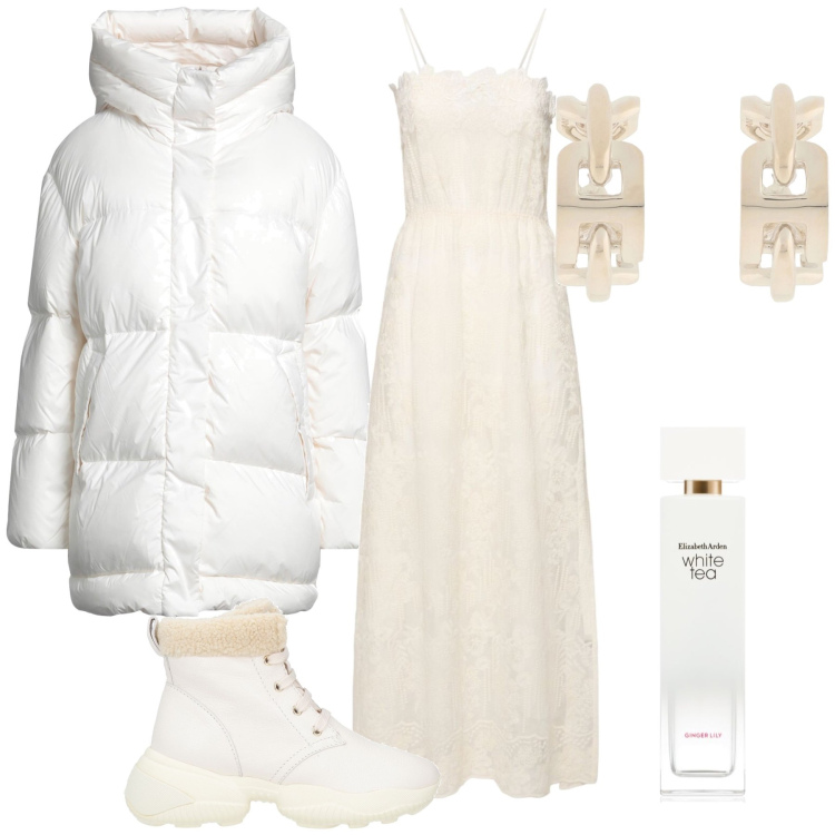 Outfit donna - La sposa sulla neve. Stile Glamour per Cerimonia. Abbinamento con piumini, orecchini, stivaletti, profumi, vestiti.