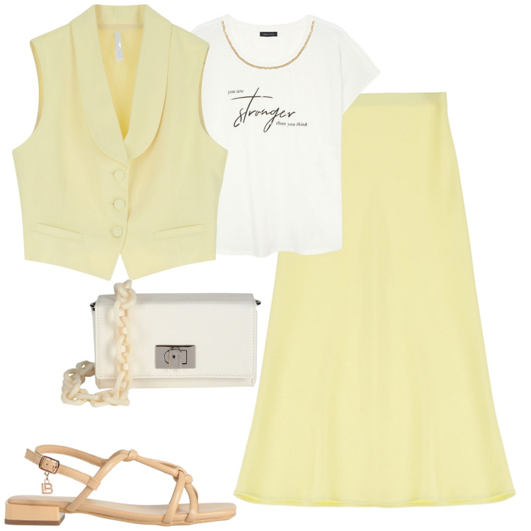 Outfit donna - Primavera Imperial. Stile Urban per Tutti i giorni. Abbinamento con sandali, borse a spalla, gonne longuette, gilet, t-shirt.