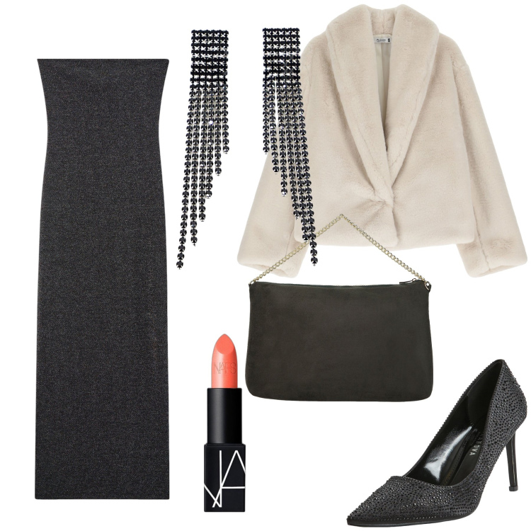 Outfit donna - Sognando la fashion week. Stile Glamour per Serata fuori. Abbinamento con rossetti, ecopellicce, décolleté, vestiti lunghi, pochette, orecchini.