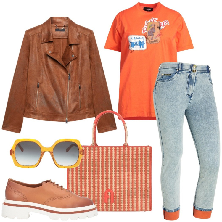 Outfit donna - Total look #2070165. Stile Casual chic per Tutti i giorni. Abbinamento con occhiali da sole, borse a mano, t-shirt, scarpe stringate, jeans dritti, blazer.