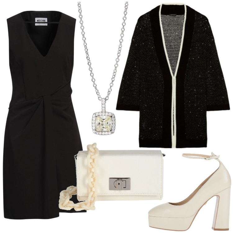 Outfit donna - Serata elegante. Stile Chic per Serata fuori. Abbinamento con vestiti corti, borse a spalla, décolleté, collane, cardigans.