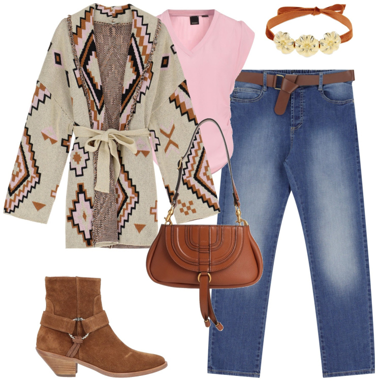 Outfit donna - Country boho. Stile Boho per Tutti i giorni. Abbinamento con stivaletti texani, top, borse a mano, jeans dritti, cardigans, collane.
