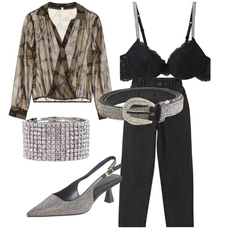 Outfit donna - Gioiello pure il bra. Stile Glamour per Serata fuori. Abbinamento con jeans, décolleté, cinture, reggiseni a balconcino, camicie, braccialetti.