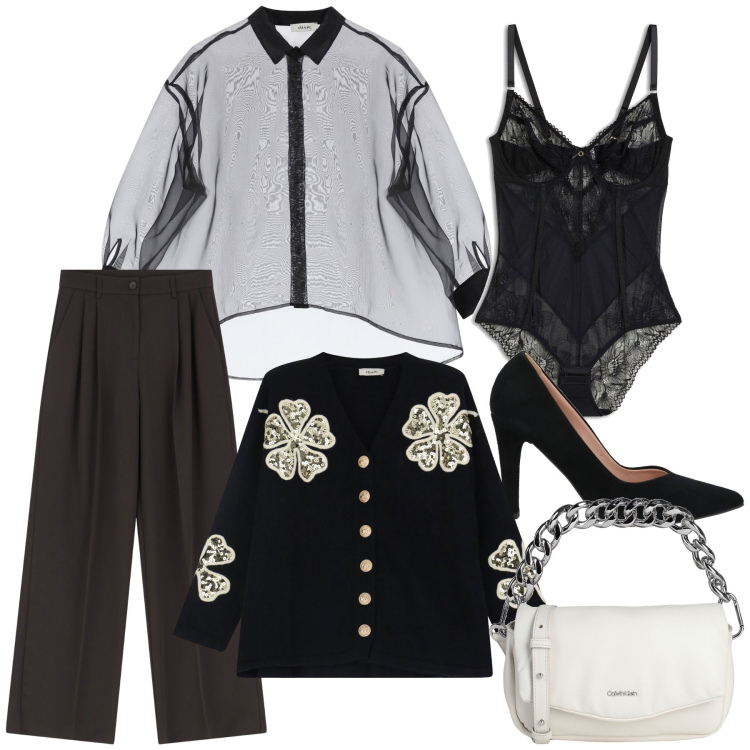 Outfit donna - Total look. Stile Glamour per Serata fuori. Abbinamento con body, borse a mano, décolleté, pantaloni, cardigans, camicie.