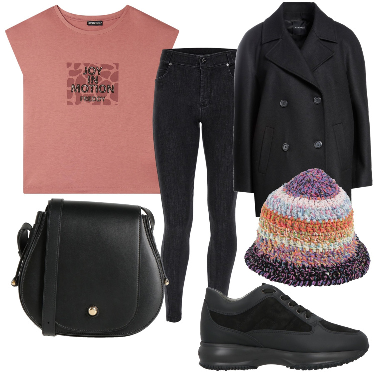Outfit donna - Fuori a spasso. Stile Basic per Tutti i giorni. Abbinamento con caban, cappelli, borse a tracolla, sneakers, jeans skinny, t-shirt.