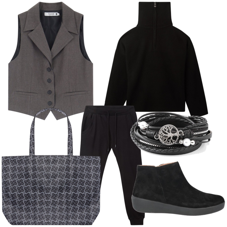 Outfit donna - Sulla felpa basta il gilè. Stile Mannish per Tutti i giorni. Abbinamento con braccialetti, stivaletti, pantaloni, maglieria, gilet, shopping bag.