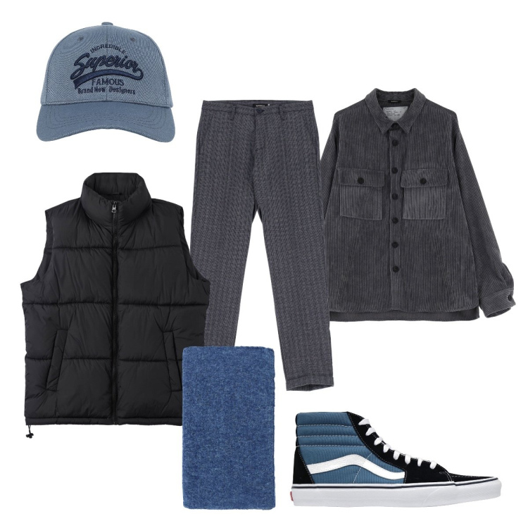 Outfit uomo - Gli accessori completano. Stile Casual per Tutti i giorni. Abbinamento con sneakers, cappelli con visiera, piumini, sciarpe, pantaloni, camicie.