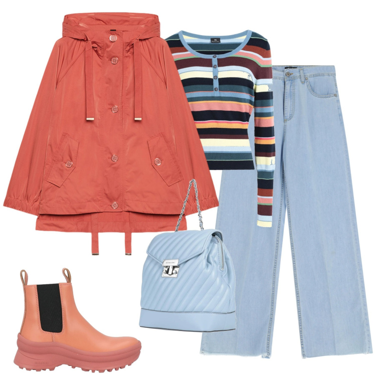 Outfit donna - Pioggia di primavera. Stile Urban per Tutti i giorni. Abbinamento con pullovers, zaini, stivaletti chelsea, jeans, parka.