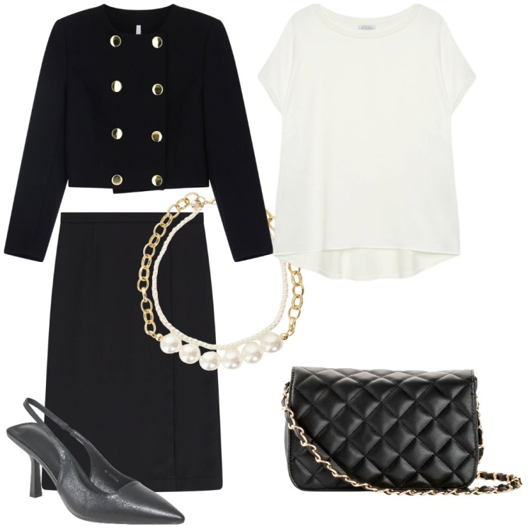 Outfit donna - Intramontabile. Stile Bon Ton per Serata fuori. Abbinamento con borse a tracolla, décolleté, blazer, collane, minigonne, bluse.