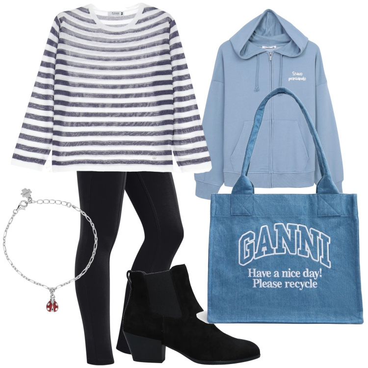 Outfit donna - Al supermercato. Stile Basic per Tutti i giorni. Abbinamento con stivaletti chelsea, felpe con cappuccio, braccialetti con ciondoli, maglieria, pantaloni skinny, shopping bag.