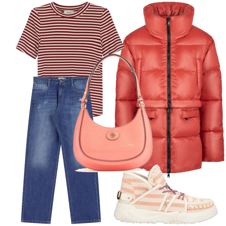Outfit donna - Fine inverno al mare. Stile Casual chic per Mare. Abbinamento con stivaletti, jeans dritti, t-shirt, piumini, borse a spalla.