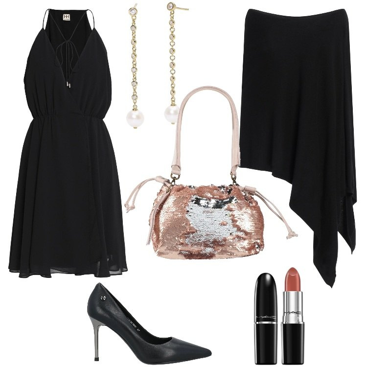 Outfit donna - Dettagli luminosi. Stile Chic per Serata fuori. Abbinamento con vestiti corti, borse a mano, cappotti, décolleté, rossetti, orecchini.