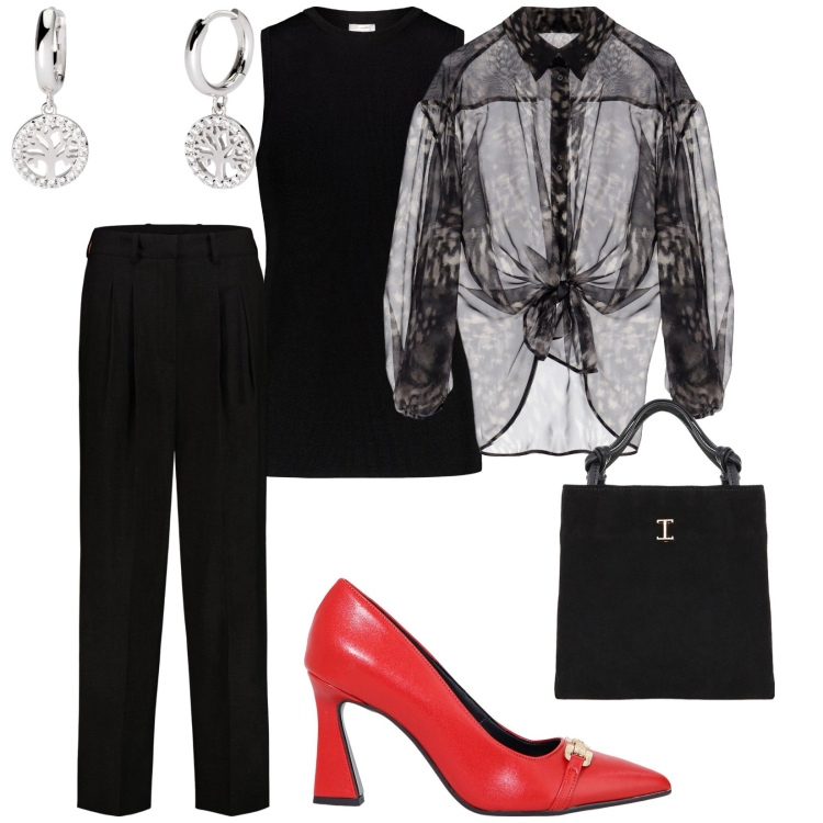 Outfit donna - Cena a casa di amici. per Serata fuori. Abbinamento con orecchini, camicie, décolleté, shopping bag, pantaloni, canottiere.