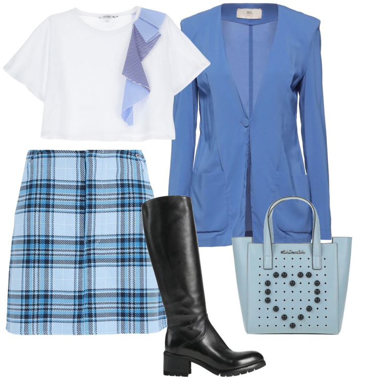 Outfit donna - Aperitivo. per Serata fuori. Abbinamento con borse a mano, stivali, blazer, minigonne, t-shirt.