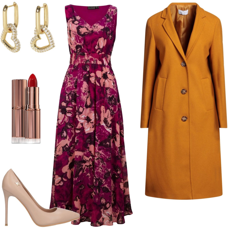 Outfit donna - Abito e rossetto rosso. Stile Bon Ton per Serata fuori. Abbinamento con vestiti lunghi, décolleté, cappotti, rossetti, orecchini.