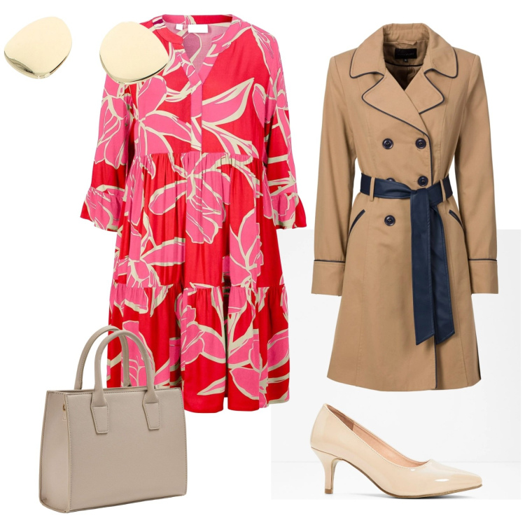 Outfit donna - A lavoro con aria di primavera. per Ufficio. Abbinamento con trench, décolleté, vestiti, shopping bag, orecchini.