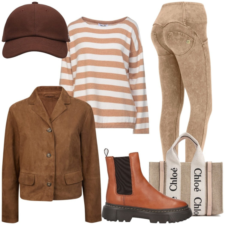 Outfit donna - Color cappuccino di mezza stagione. Stile Casual per Tutti i giorni. Abbinamento con stivaletti chelsea, pullovers, pantaloni skinny, cappelli, borse a mano, blazer.
