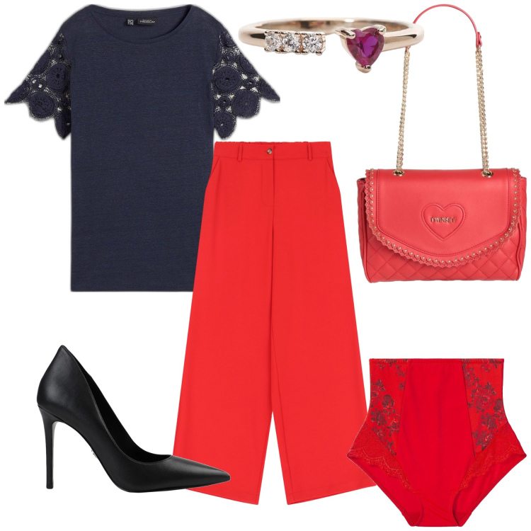 Outfit donna - Bellissime pump. Stile Chic per Serata fuori. Abbinamento con culotte, maglieria, borse a mano, décolleté, anelli, pantaloni a palazzo.