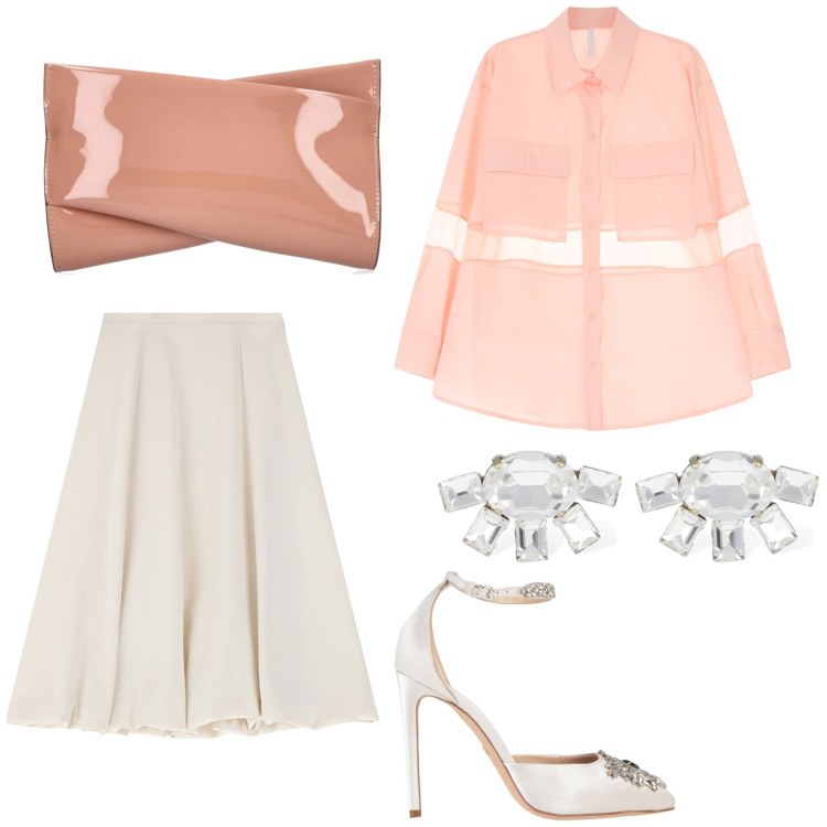 Outfit donna - Riunione elegante. Stile Bon Ton per Ufficio. Abbinamento con décolleté, gonne longuette, camicie, pochette, orecchini.