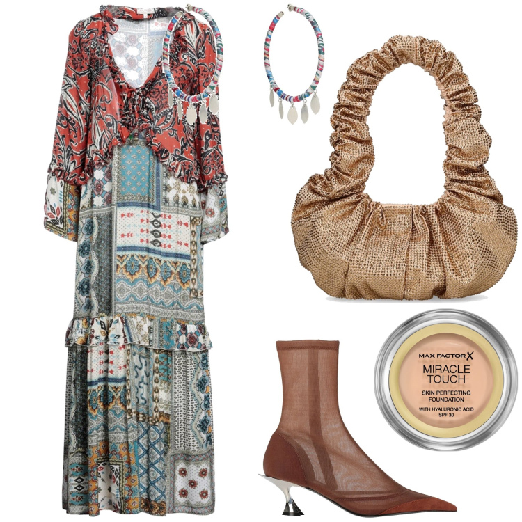 Outfit donna - Boho style. Stile Boho per Serata fuori. Abbinamento con orecchini, vestiti lunghi, stivaletti, fondotinta, borse a spalla.