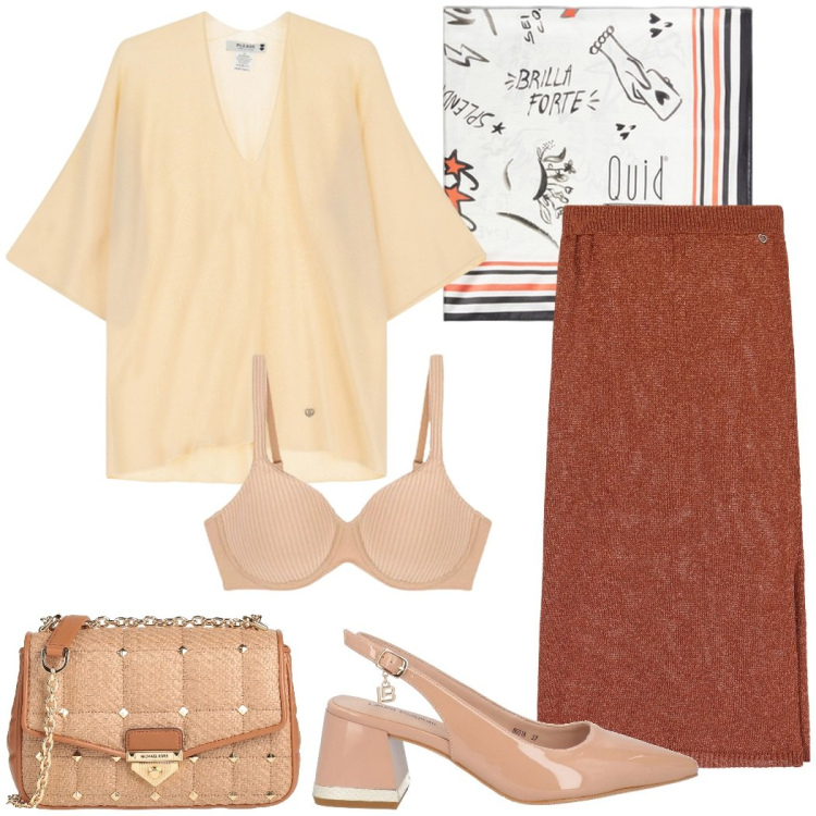 Outfit donna - In ufficio. Stile Casual chic per Ufficio. Abbinamento con décolleté, borse a tracolla, gonne longuette, maglieria, reggiseni, foulard.