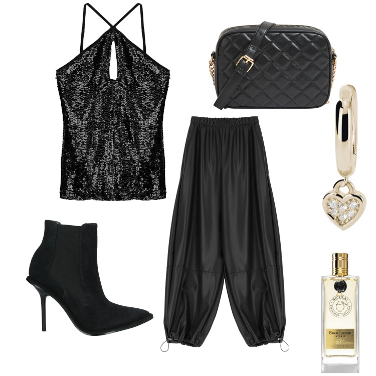 Outfit donna - Total look. Stile Chic per Serata fuori. Abbinamento con stivaletti, profumi, borse a tracolla, orecchini, pantaloni, top.
