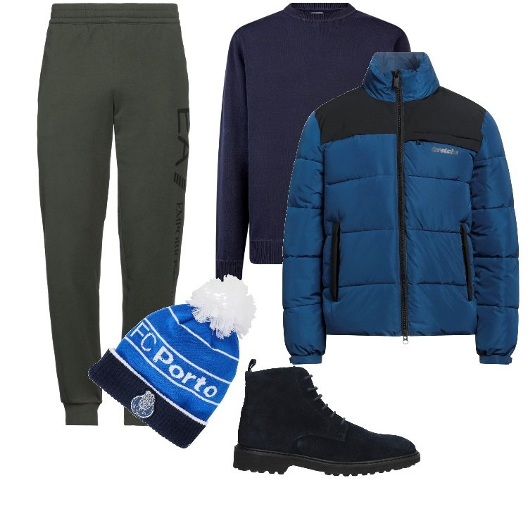Outfit uomo - Après-ski Blu. Stile Urban per Tutti i giorni. Abbinamento con piumini, stivali e stivaletti, pantaloni, berretti, maglieria.
